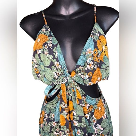 Volcom floral strappy dress teal, orange and black side cutouts a tie front sz L - Picture 2 of 8